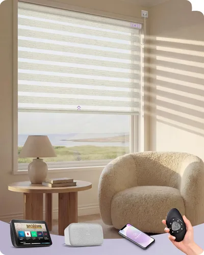 Vista 8 de Graywind Persianas motorizadas de cebra para ventanas, persianas inteligentes 100 % opacas con control remoto, persianas de cebra personalizadas