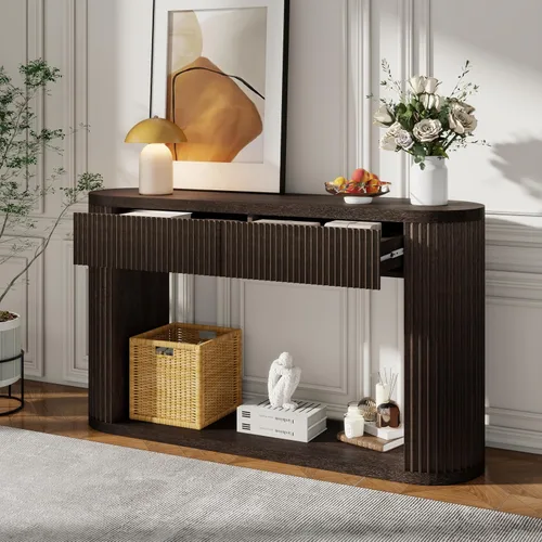 Vista 14 de Moderna mesa consola de 62.2 pulgadas, mesa de sofá con 4 cajones y 2 estantes, adecuada para entrada, pasillo, sala de estar, dormitorio