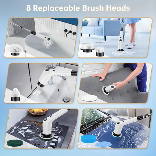 Vista 6 de PUFTEM Cepillo Eléctrico Giratorio, Limpiador de Ducha Inalámbrico con 8 Cepillos de Fregar, 2 Velocidades con Mango de Extensión Ajustable