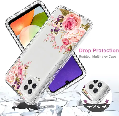 Vista 7 de Funda para Samsung Galaxy A22 4G/M32 4G SM-A225F con protector de pantalla de vidrio templado, cuerpo completo transparente con diseño floral, Flor