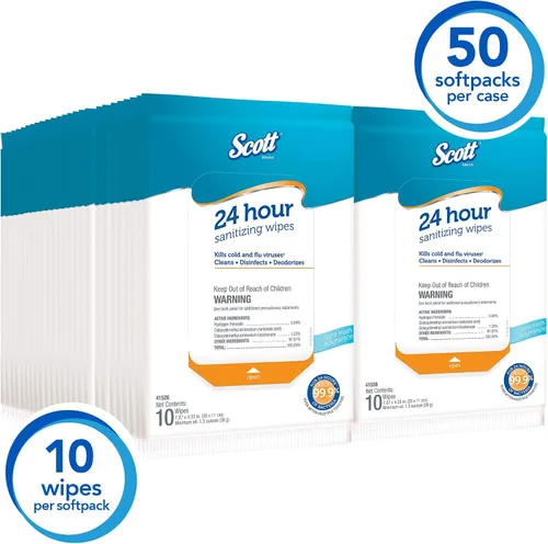 Vista 2 de Scott Toallitas desinfectantes 24 horas – Limpieza y desinfección multisuperficie, desinfección continua durante 24 horas – (41526), 50 paquetes x