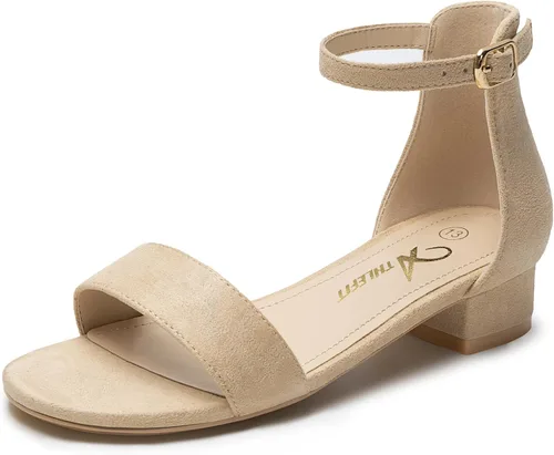 Vista 36 de Athlefit Sandalias para niñas, puntera abierta, correa en el tobillo, tacones bajos, zapatos de vestir para niñas pequeñas y grandes