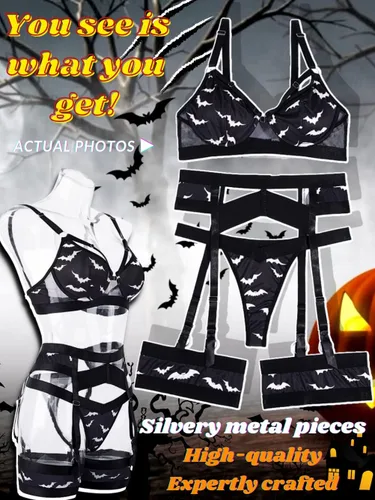 Vista 3 de Kaei&Shi - Lencería con liguero para mujer, conjunto de encaje traslúcido y sexy de 4 piezas combinadas