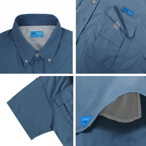 Vista 3 de Camisas de manga corta para hombre, protección solar UV UPF 50+, sólidas, antiestáticas, impermeables, transpirables, de secado rápido, SPF