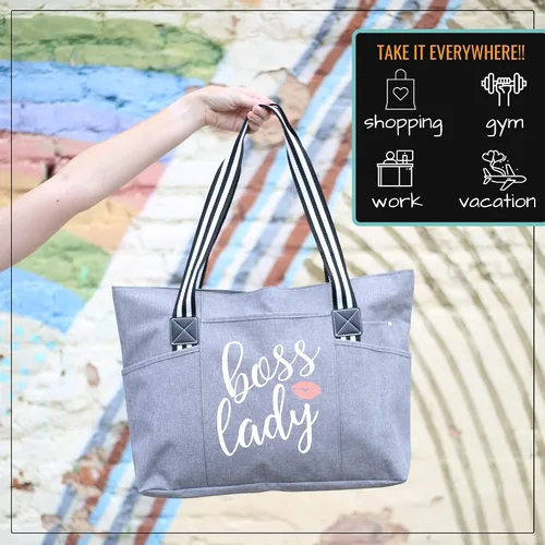 Vista 6 de Brooke & Jess Designs Boss Lady Zippered Pocket Canvas Tote Bag for Bosses, Manager, Chaos Coordinator