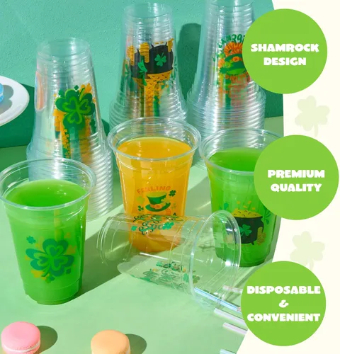 Vista 3 de JOYIN 72 vasos de plástico de 16 onzas para el día de San Patricio, vasos desechables verdes a granel con 4 patrones de caldero de trébol