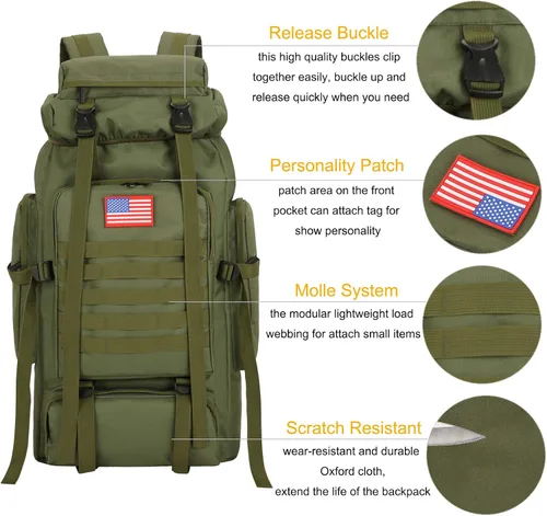 Vista 2 de Mochila de senderismo de 70 l para hombres impermeable militar camping mochila viaje mochila Verde Armada (ArmyGreen)