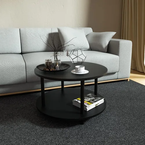 Vista 2 de Mesa de Centro Redonda Pequeña con Almacenamiento Abierto para Espacios Pequeños, 23.5" Negra Mesa Central de Madera de 2 Niveles para Sala de Negro