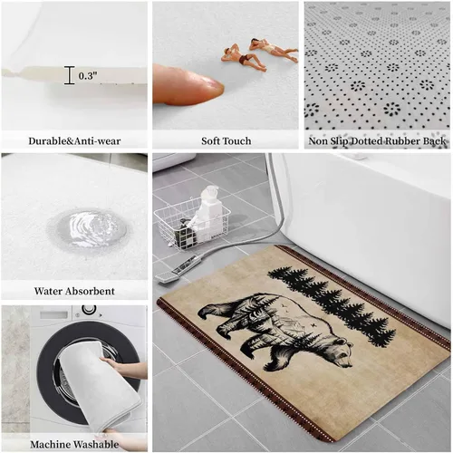 Vista 4 de Tapete de cocina, 1 unidad, diseño vintage de pino y oso, antifatiga, cómodo, de espuma viscoelástica, antideslizante, para puerta de baño