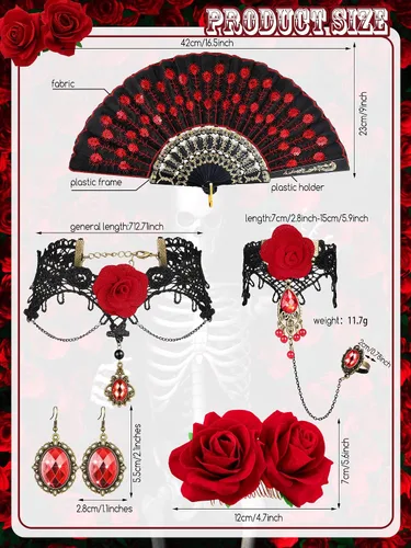 Vista 3 de BBTO 5 piezas de Halloween Rose Flamenco Mujer Accesorios Niña Rosa Flor Pinza para el pelo, Abanico Plegable de Tela de Lentejuelas, Gargantilla