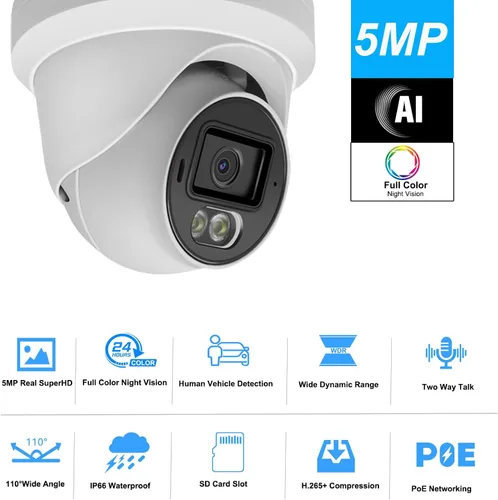 Vista 2 de Cámara IP PoE a todo color de 5MP, cámara IP de seguridad de apertura F1.0 con conversación bidireccional, ranura para tarjeta SD