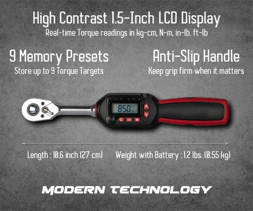 Vista 3 de Tapha Tools, llave dinamométrica digital de 3/8 pulgadas, rango de torque de 3.1-62.7 pies-libras (4.2-85 N-m), precisa a ±2%, doble dirección
