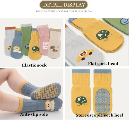 Vista 4 de BRATAA Toddlers No Slip Socks 5 Pairs-Cartoon Baby Little Boys Girls Socks with Grips Crew Length Slipper Socks