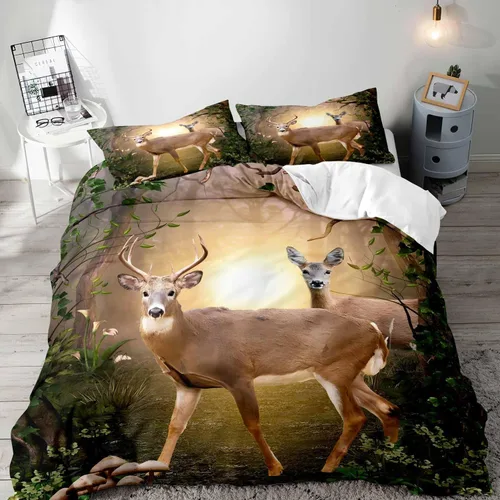 Vista 16 de LUVIVIHOME Juego de funda de edredón de 2 piezas, diseño de oso y alce, ciervo, ciervo, ropa de cama de cabaña, ropa de cama rústica de granja