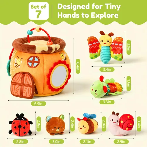 Vista 8 de Juguetes para bebés de 6 a 12 meses, tarro de miel sorpresa con animales de peluche sensoriales, sonajero, crujiente, espejo, juguetes Montessori