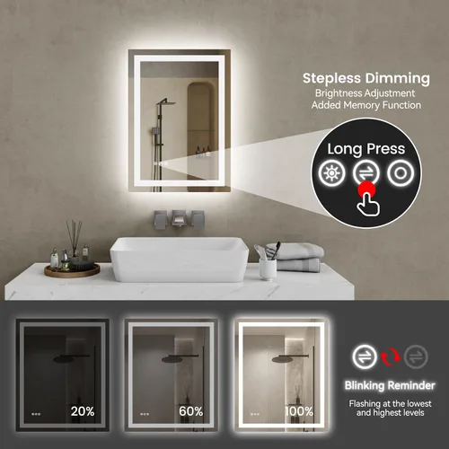 Vista 5 de Espejo LED para baño de 20 x 28 pulgadas, espejo de tocador de baño con luces, espejo iluminado antivaho montado en la pared, espejo iluminado