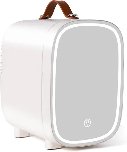 Vista 8 de Mini refrigerador para dormitorio, refrigerador de 4 litros/6 latas para el cuidado de la piel con espejo LED y asa de transporte de cuero