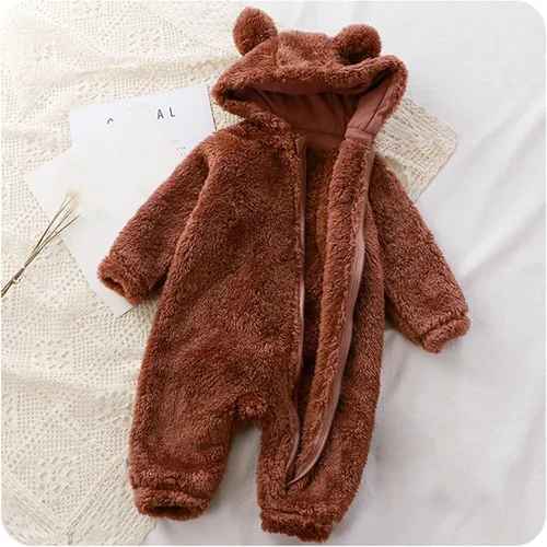 Vista 2 de TBUIALL Body para bebés y niñas pequeñas, lindo y liso, manga larga, con orejas de oso de dibujos animados, overol de forro polar con cremallera
