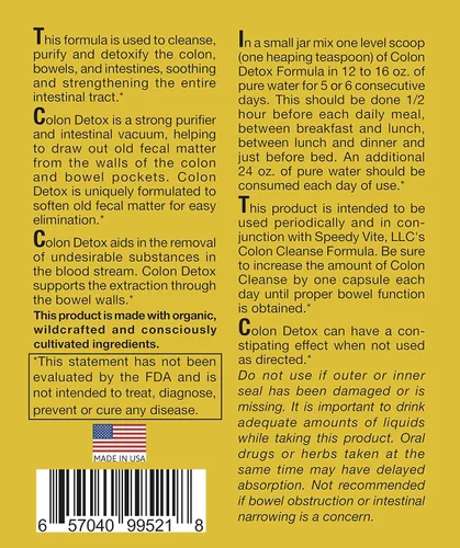 Vista 3 de SpeedyVite® Colon Detox Organic Apoya la eliminación natural de toxinas* Arcilla Bentonita Carbón Psyllium Lino Fibra de Manzana Olmo resbaladizo