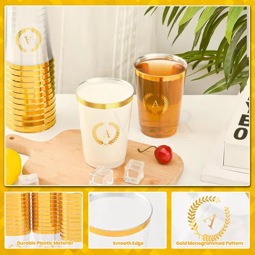 Vista 4 de 100 vasos de plástico con monograma de lámina dorada con letra A, vasos desechables de 12 onzas con inicial transparente para fiestas, bodas