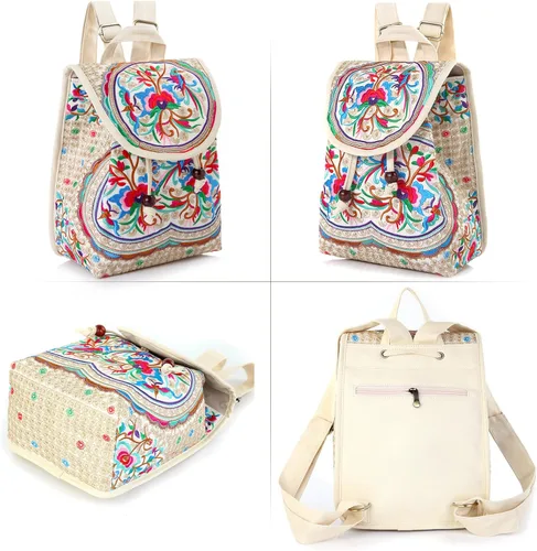 Vista 3 de Goodhan Mochila bordada vintage para mujer, bolso de viaje étnico, beige-rojo, Mochilas Daypack