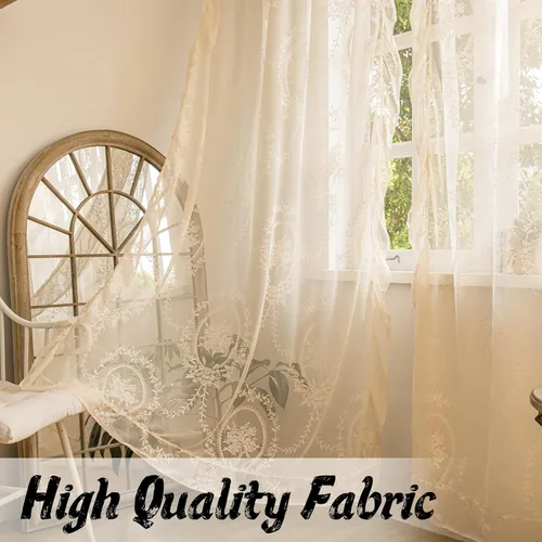 Vista 3 de Sutuo Home Juego de 2 cortinas de encaje beige, paneles transparentes de 63 pulgadas de largo, bordado floral de rosas, tratamiento de ventana