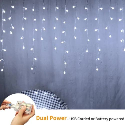 Vista 4 de YOLIGHT Luces de hadas para cortina, luz de bola de icículo alimentada por USB/batería, 13 pies 96 luces LED de globo colgantes para dormitorio