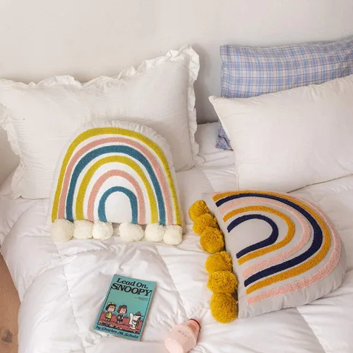 Vista 2 de vctops Cojín decorativo de algodón con borlas y estilo bohemio arco iris con relleno de almohada para sofá, cama, sala de estar
