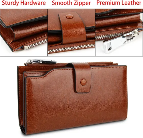 Vista 5 de YALUXE Cartera de piel auténtica para mujer, con bloqueo RFID, tarjetero múltiple con bolsillo para teléfono celular