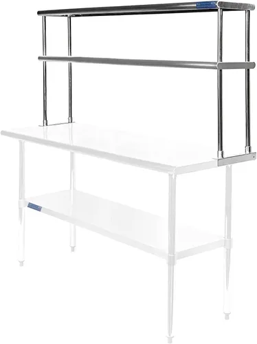 Vista 6 de Estante doble de acero inoxidable resistente con certificación NSF de calibre 18 con soportes para cocinas, cuartos de servicio, almacenamiento
