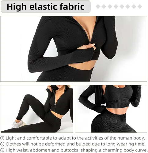 Vista 5 de SINBRLAI Conjunto de 3 piezas de entrenamiento sin costuras para mujer leggings deportivos de yoga y brasier deportivo elástico