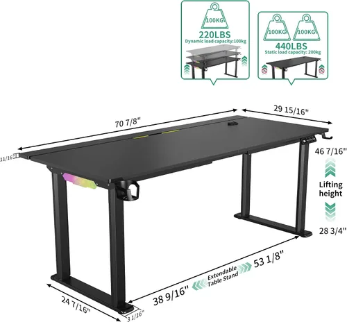 Vista 2 de JWX - Escritorio de pie de 4 patas con motor doble, diseño de gestión de cables abatible con luz LED acrílica