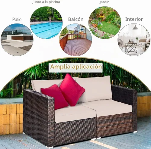 Vista 6 de Tangkula Sofá biplaza de mimbre de 2 piezas, muebles de patio con cojines extraíbles, sofá biplaza de ratán para balcón, terraza, jardín y piscina