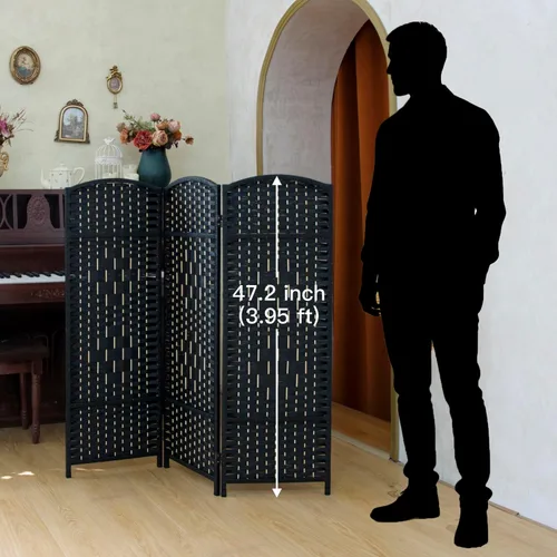 Vista 2 de Divisor de habitación corto compacto de 3 paneles, pantalla plegable de ratán de doble cara de 47.2 pulgadas de alto para el hogar y la oficina