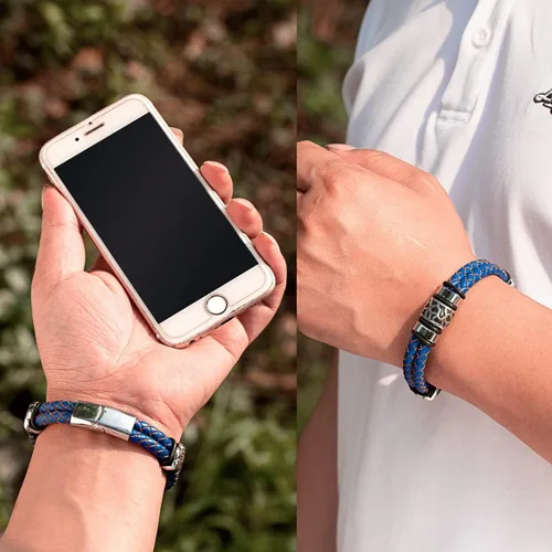 Vista 5 de Touyony Pulseras de cuero prémium para hombres, pulseras de cuero trenzado de doble fila de acero inoxidable, eslabones adicionales, joyería