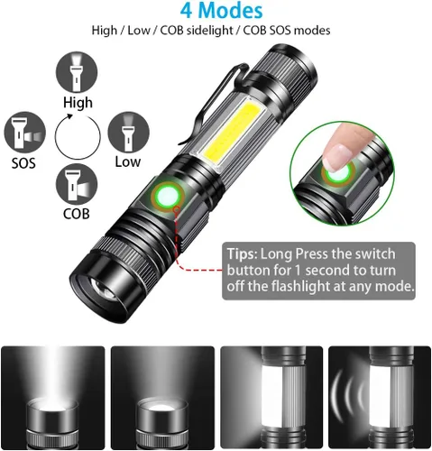 Vista 7 de Linterna táctica recargable, (sin batería), linternas magnéticas USB con luz de flash COB, 4 modelos, zoomable, impermeable, Vnina LED linterna