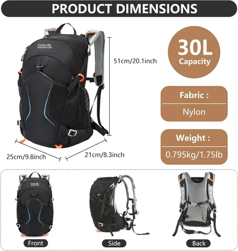 Vista 2 de Mochila de senderismo impermeable de 30L Mochila de viaje ligera para Negro