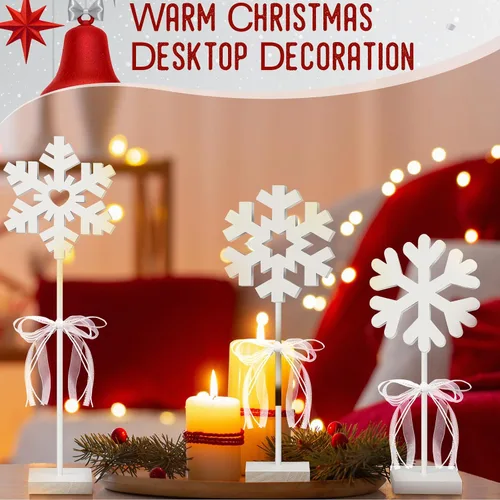 Vista 5 de Blulu 3 piezas de decoración de copo de nieve de madera de Navidad de color blanco de pie de invierno, decoración de Navidad para accesorios
