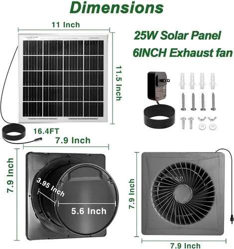 Vista 2 de Ventilador de escape solar: compacto para espacios pequeños, ventilador de ventilación silencioso sin escobillas de 6 pulgadas, panel solar de 25 W