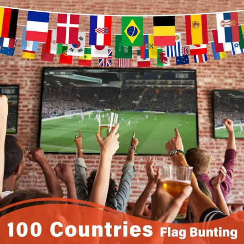 Vista 5 de Bandera de cuerda de 100 países, bandera internacional de 82 pies, decoración de bandera mundial para fiesta de la Copa del Mundo, escuela, eventos