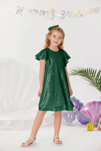 Vista 2 de GRACE KARIN Vestido de lentejuelas para niñas, manga corta, con vuelo, silueta acampanada, vestido midi con lazo para el pelo, 5-12 años