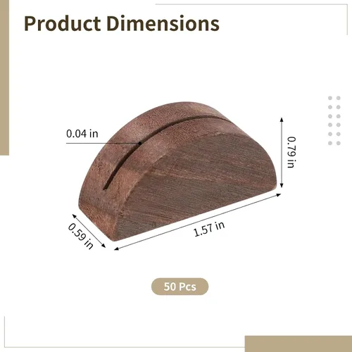 Vista 5 de Paquete de 50 soportes para números de mesa, pequeños tarjeteros de madera, elegante diseño medio redondo para tarjetas de identificación