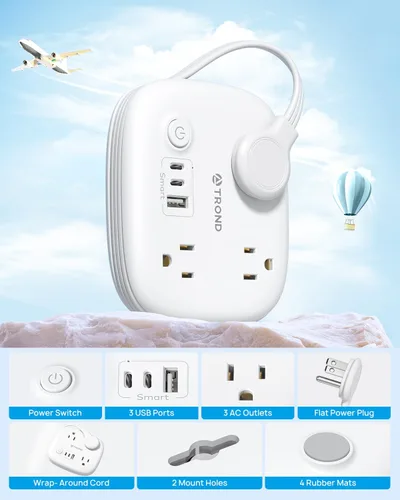 Vista 5 de TROND Cable de extensión corto – Regleta de alimentación de enchufe plano con 3 salidas de CA y 2 puertos USB C y 1 USB A, regleta de alimentación