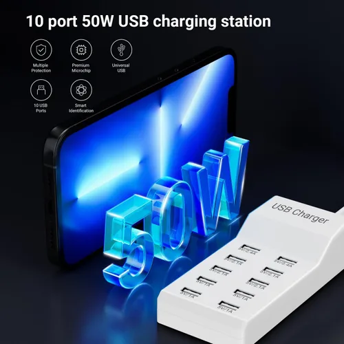 Vista 4 de Concentrador USB de 10 puertos, 50W10A concentrador de puerto USB múltiple para iPhone/iPad/Samsung Galaxy Note Tablet Android Smartphone (blanco)