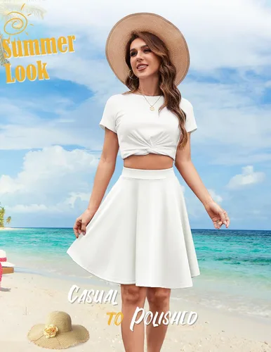 Vista 5 de DRESSTELLS Falda para mujer, minifalda patinadora, versátil, acampanada, básica, elástica, acampanada, casual, plisada