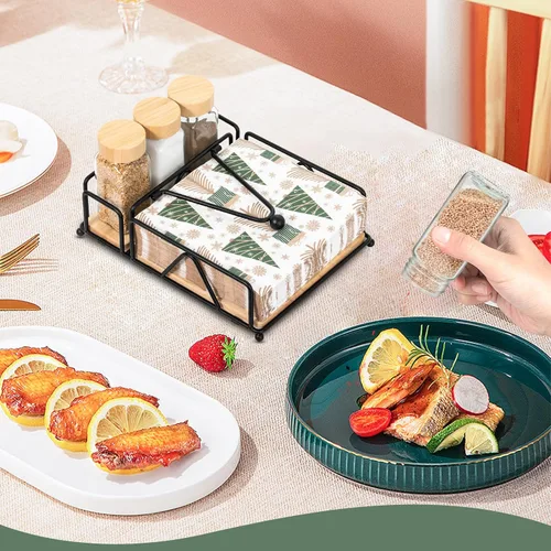 Vista 6 de Juego de 4 servilletas de metal con salero y pimentero, base de madera, moderno servilletero plano para mesa, decoración de mesa de cocina, cóctel