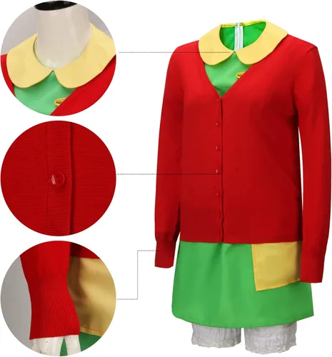 Vista 5 de ZIFUNMUR Disfraz Chilindrina para mujeres y niñas, vestido verde, cárdigan rojo, pantalones cortos, gafas, conjunto completo de Halloween Cosplay