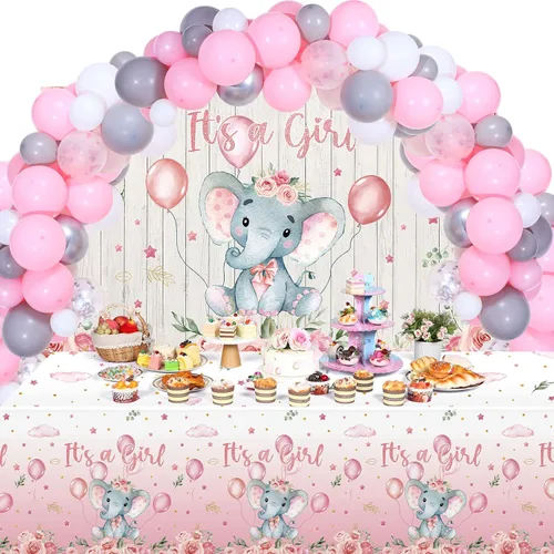 Vista 8 de Decoraciones para baby shower, 121 piezas de suministros de fiesta de elefantes, incluyen telón de fondo, pancarta, globos, mantel y decoración