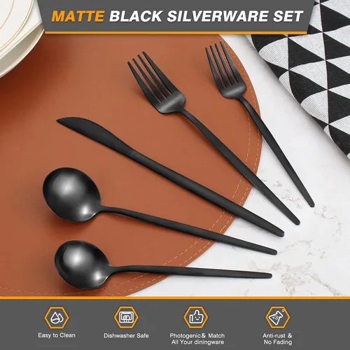 Vista 3 de Juego de cubiertos de 40 piezas, color negro mate, juego de cubiertos de acero inoxidable para 8 personas, juego de utensilios de cocina con acabado