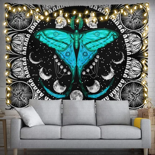 Vista 10 de feelacle Tapiz de luna de montaña, cielo nocturno estrellado, 60 x 40 pulgadas, blanco y negro, decoración de fiesta para dormitorio, sala de estar
